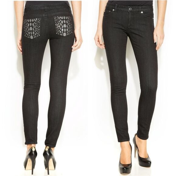 New! MICHAEL KORS Rhinestone Studded Pocket Black Skinny Jeans Slim 6 Low Rise - Picture 1 of 6